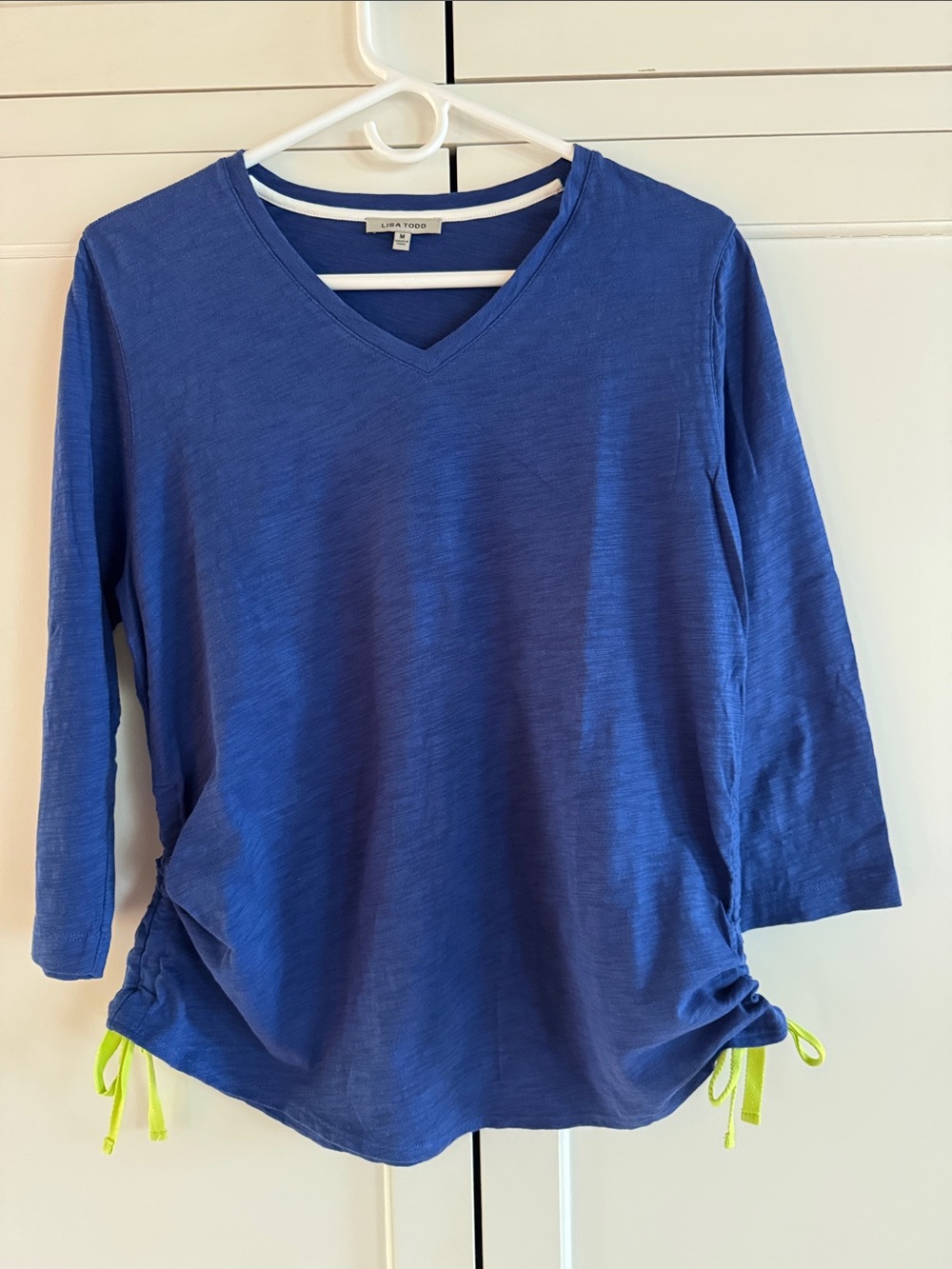 Lisa Todd Cobalt Blue V-Neck Long Sleeve Tee with Lime Accents